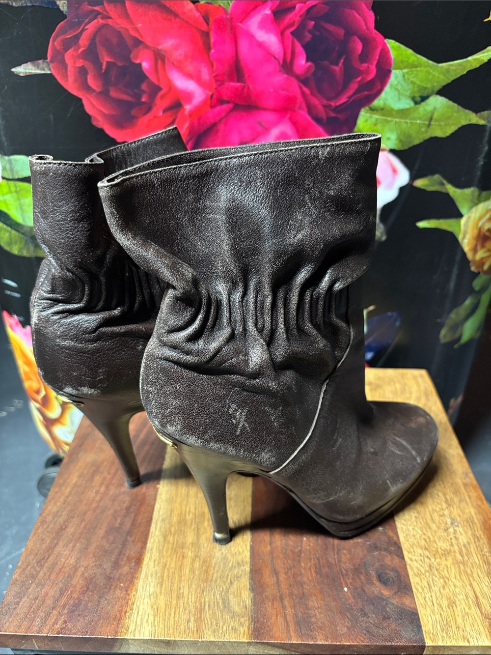 Michael Kors Dark Brown Leather Vintage Slouch High Heel Ankle Boots